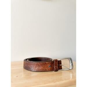 Silver Creek Classics Mens Brown Leather Tooled Belt Silver Buckle Size 42